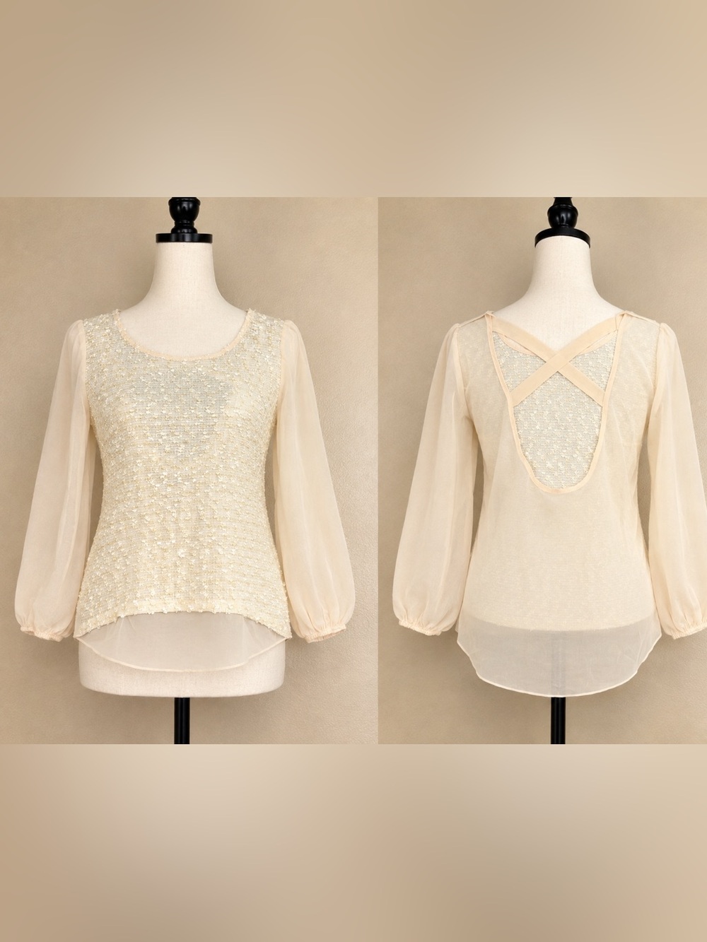 A'Reve Cream Sequin Front Sheer Sleeve Blouse